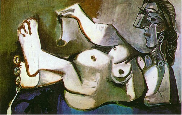 Picasso Lying female nude playing with cat 1964